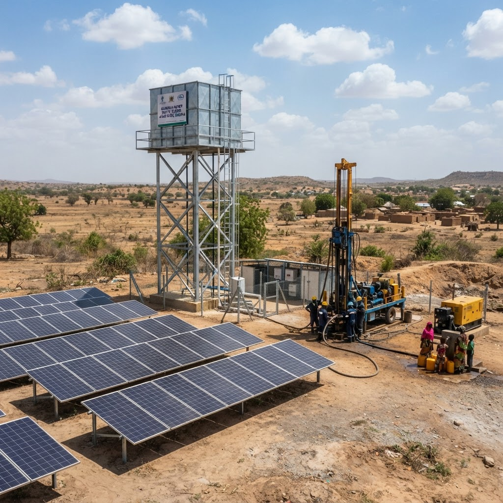 Solar-powered borehole and steel storage tank installation site in Maiduguri